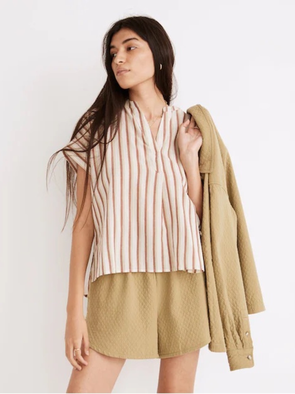 Madewell Striped Crinkle Cotton Lakeline Popover V-Neck Top Boho Retro S